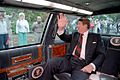 President Ronald Reagan waving from a limousine in Fairfield, Connecticut