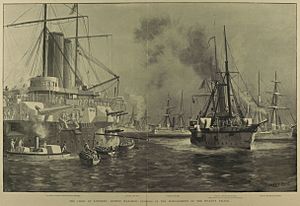 The Crisis at Zanzibar, British War-Ships engaged in the Bombardment of the Sultan's Palace - ILN 1896