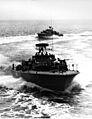 U.S. Navy PTF boats traveling at high speed during trials off the Virginia Capes (USA), early May 1963 (USN 711288)
