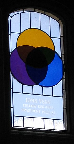 Stained glass window in Cambridge, where John Venn studied. It shows a Venn diagram.