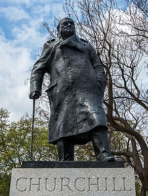 The statue of Winston Churchill, on the north-east corner of Parliament Square