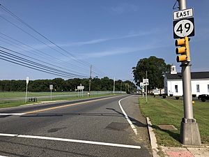 2018-08-07 16 40 40 View east along New Jersey State Route 49 (Bridgeton-Millville Pike) at Cumberland County Route 553 (Gouldtown-Woodruff Road) in Fairfield Township, Cumberland County, New Jersey