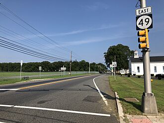 2018-08-07 16 40 40 View east along New Jersey State Route 49 (Bridgeton-Millville Pike) at Cumberland County Route 553 (Gouldtown-Woodruff Road) in Fairfield Township, Cumberland County, New Jersey
