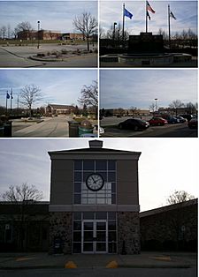 From top left clockwise: Brookfield Central High School, Veterans Memorial Fountain, Brookfield Square Mall, Brookfield City Hall, and the Brookfield Safety Building