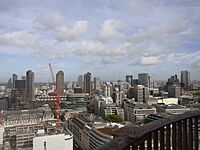 The "northern cluster" of the City of London. Some of the smaller skyscrapers shown here include: the Barbican Estate, Finsbury Tower, The Heron, Citypoint, One Crown Place, The Stage, Principal Tower and the Broadgate Tower. Also shown in the distance on the far left are 250 City Road and Lexicon Tower in the London Borough of Islington. Also approved for this cluster is the 154m tall 2–3 Finsbury Avenue and the 156m tall 13–14 Appold Street