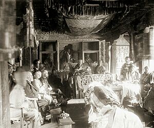 Durbar of Ugyen Wangchuck, receiving the order of the Knight Commander of the Indian Empire, KCIE, at Punakha, Bhutan, 1905