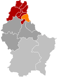 Map of Luxembourg with Hosingen highlighted in orange, and the canton in dark red