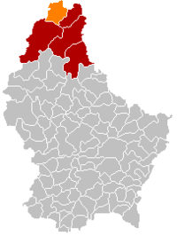 Map of Luxembourg with Troisvierges highlighted in orange, and the canton in dark red