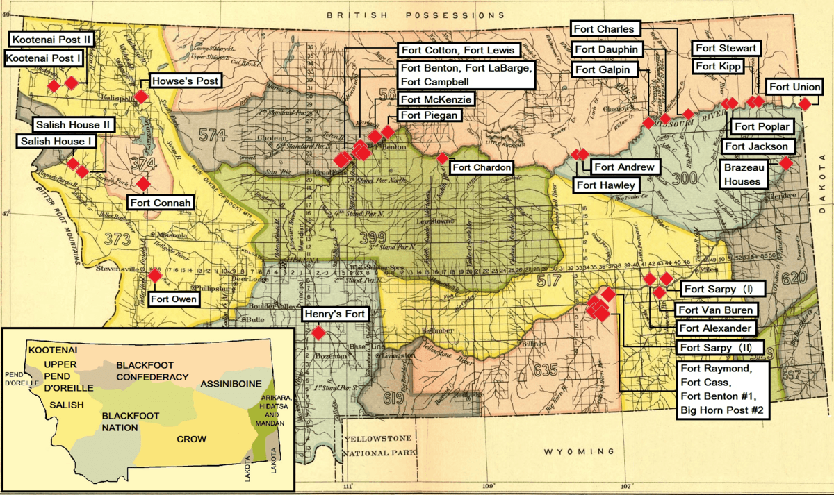 Map with many of the fur trading posts in Montana from 1807 to the early 1870s (approximately)