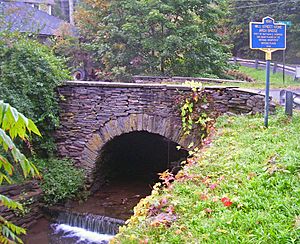 A brown and gray stone arch bridge just above a small cascade in a narrow creek with grass on one side and trees on the other. At the right is a blue-and-gold historical marker