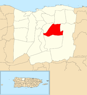 Location of Miraflores within the municipality of Arecibo shown in red