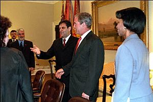 President Bush greets President Vojislav Kostunica of Yugoslavia.