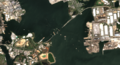 Sentinel 2 satellite image of Baltimore Harbour, captured on Sunday 14th April 2024 showing the Francis Scott Key Bridge collapse with the Dali ship against the bridge pier