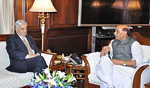 The Chief Minister of Jammu and Kashmir, Mufti Mohammad Sayeed calling on the Union Home Minister, Shri Rajnath Singh, in New Delhi on April 07, 2015
