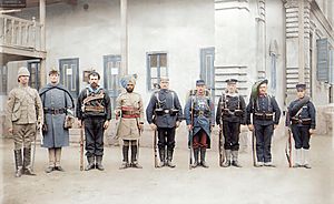 Troops of the Eight-Nation Alliance (except Russia) that fought against the Boxer Rebellion in China, 1900. From the left Britain, United States, Australia, India, Germany, France, Austria-Hungary, Italy, Japan. (49652330563)