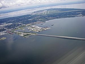 Aerial view of South Tampa, MacDill AFB and Gandy bridge