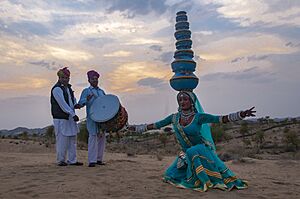 Bhavai is a genre of folk dance popular in Rajasthan. The male or female performers balance a number of earthen pots while dancing