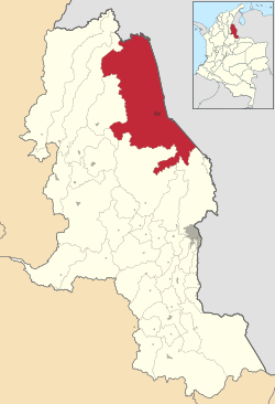 Location of the municipality and town of Tibú in the Norte de Santander Department of Colombia.