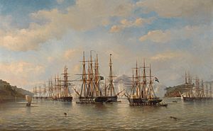 De Nederlandse, Engelse, Franse en Amerikaanse eskaders in de Japanse wateren tijdens de expeditie onder leiding van de Franse commandant Constant Jaurès, september 1864, SK-A-2726