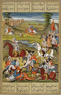 Defeat of Lutf ‘Ali Khan Zand by (Agha) Muhammad Shah; the city of Shiraz in the background. Folio from the Shahinshahnama of Fath 'Ali Khan Saba, dated 1810