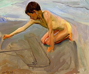Joaquín Sorolla y Bastida - Dibujando en la arena (ca. 1911)