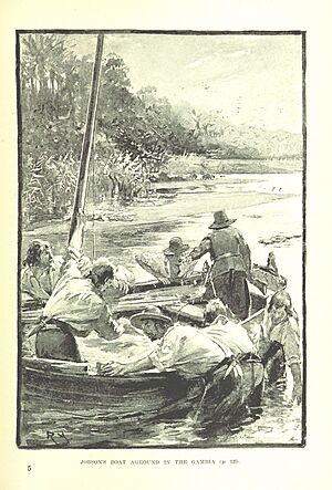 Jobson's (Richard Jobson) boat aground in the Gambia, from 1892 book The Story of Africa and its Explorers