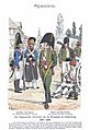 Print shows men in early 19th century military uniforms. The grenadier and sapper at the left belonging to the Princesa Line Infantry wear blue coats with fur hats. The officer and enlisted man at the right from the Catalonia Light Infantry wear green hussar-style jackets.
