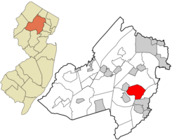 Location of Hanover Township in Morris County highlighted in red (right). Inset map: Location of Morris County in New Jersey highlighted in orange (left).