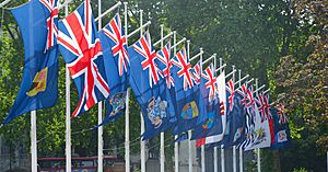 Parliament square during Queen's Official Birthday (detail of British flags)