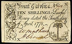 10/– Colonial currency from South Carolina (10 April 1778).