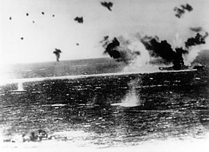 USS Lexington (CV-2) under air attack during the Battle of the Coral Sea, 8 May 1942 (NH 95579)