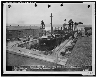 View captioned General view of Shipbuilding Dock with Ammunition Ships in process of construction. Aug. 13, 1919. - Puget Sound Naval Shipyard, Drydock No. 3, Farragut Avenue, HAER WASH,18-BREM,4E-31.tif