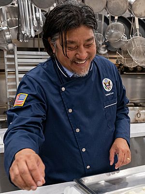 Visiting Chef Edward Lee prepares food in the White House Kitchen on April 26, 2023 for the official State Dinner for the Republic of Korea - F20230426ES-1770 (cropped)