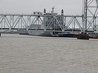 View from Riverfront Park of ship at one of the Port of Beaumont wharves