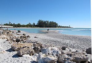 A view looking across to the northern tip of Sanibel from the Captiva side of Blind Pass. The bridge connecting the two islands is visible on the extreme left.