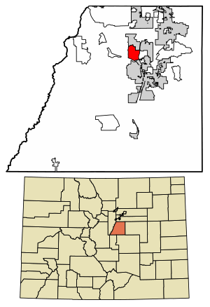 Location of the Castle Pines Village CDP in Douglas County, Colorado.