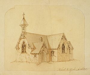 Exterior view of stone church with 'stick style' bell tower) - Richard M. Upjohn, Architect LCCN99404378