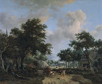 Forest landscape with a merry company in a cart, by Meindert Hobbema