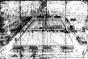 Fort Colville, drawing of buildings and grounds, Washington, ca 1860 (WASTATE 78)