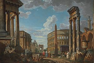Giovanni Paolo Panini, An architectural capriccio with figures among Roman ruins