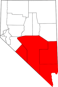 The counties most commonly associated with Southern Nevada with Mineral County not shown in red