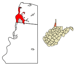Location of Wheeling in Ohio and Marshall Counties, West Virginia