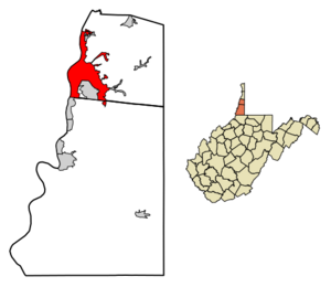 Location of Wheeling in Ohio and Marshall counties, West Virginia.