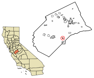 Location of Dos Palos Y in Merced County, California.
