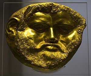 National Archaeological Museum Sofia - Golden Funeral Mask from the Svetitsata Tumulus (King Teres?) (cropped)