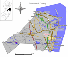 Map of Neptune Township in Monmouth County. Inset: Location of Monmouth County highlighted in the State of New Jersey.