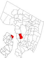 Map highlighting Saddle Brook's location within Bergen County. Inset: Bergen County's location within New Jersey.