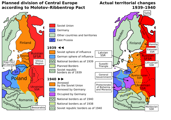 Planned and actual territorial changes in Central Europe: 1939–1940