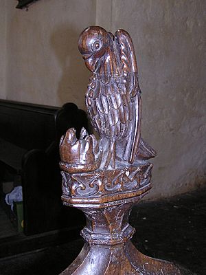 St Peter's Church Forncett St Peter Pew End Pelican in piety Photo A Rae