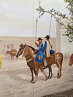 The Tucson presidio solder as depicted by Bill Singleton in his mural, 1972. They dressed in heavy seven-layered deerskin armor and carried a shield of three layers of half-tanned rawhide. Their primary weapon was a nine-foot long lance